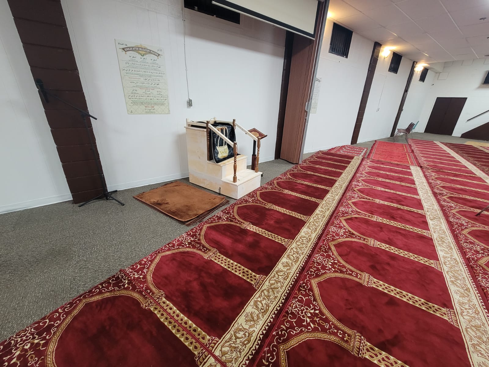 Inside the prayer hall showing the Minbar and prayer rows